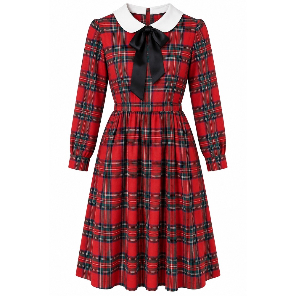 Vintage Lanz Originals Red Tartan Plaid Dress Size 12 Cotton USA Holiday Bow